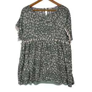 Andree by Unit Babydoll Tunic Womens Large Green Leopard Pom Pom Trim 94257-1